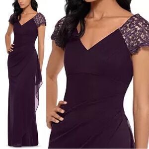 NWT Xscape | Purple Lace Sleeve Chiffon V Neck Flutter Ruffle Gown Dress‎ 6